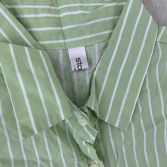 STORETS Green Striped Asymmetrical Button Down Shirt - Picture 8 of 9